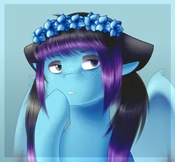 Size: 1556x1440 | Tagged: safe, artist:hicoojoo, derpibooru import, oc, oc:despy, pegasus, pony, bust, female, floral head wreath, flower, mare, portrait, solo