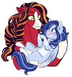Size: 1024x1097 | Tagged: safe, artist:azure-art-wave, derpibooru import, oc, oc:azure, oc:red baroness, earth pony, pegasus, pony, blushing, duo, eye clipping through hair, female, holding a pony, mare, offspring, parent:big macintosh, parent:coloratura, parents:raramac, simple background, size difference, transparent background