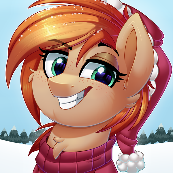 Size: 1800x1800 | Tagged: safe, artist:thegamblehorse, deleted from derpibooru, derpibooru import, oc, oc:parlay, unofficial characters only, earth pony, pony, chest fluff, chipped tooth, christmas, clothes, female, freckles, green eyes, hat, holiday, mare, santa hat, smiling, snow, solo, sweater, tree