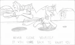 Size: 1280x778 | Tagged: safe, artist:twi clown, derpibooru import, twilight sparkle, twilight sparkle (alicorn), oc, oc:twi clown, alicorn, pony, unicorn, chase, clone, crown, cutie mark, female, flying, jewelry, laughing, mare, mountain, regalia, running, text, traditional art, twolight