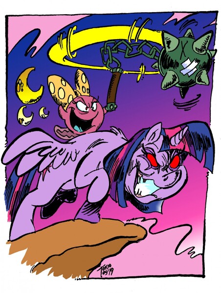 Size: 964x1280 | Tagged: alicorn, amphibia, artist:grotezco, cliff, crossover, derpibooru import, evil grin, evil laugh, frank frazetta, grin, laughing, mace, medieval, polly (amplhibia), polly plantar, red eyes, riding a pony, safe, smiling, tadpole, too many moons, twilight sparkle, twilight sparkle (alicorn), weapon