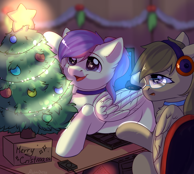 Size: 2732x2448 | Tagged: safe, artist:alphadesu, derpibooru import, oc, oc:dawnsong, oc:evensong, unofficial characters only, earth pony, pegasus, pony, behaving like a cat, christmas, christmas tree, collar, commission, computer, computer mouse, female, glasses, headphones, holiday, mare, siblings, sisters, tree, ych result