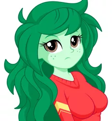 Size: 827x893 | Tagged: safe, artist:rosemile mulberry, derpibooru import, wallflower blush, equestria girls, breasts, busty wallflower blush, clothes, female, freckles, looking at you, simple background, solo, sweater, sweater puppies, white background