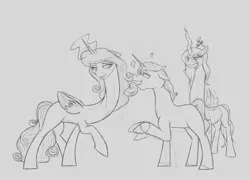 Size: 2844x2052 | Tagged: safe, artist:astr0zone, derpibooru import, princess cadance, queen chrysalis, shining armor, alicorn, changeling, changeling queen, pony, unicorn, female, grayscale, heart, jealous, lineart, long neck, male, mare, monochrome, necc, queen chrysalis is not amused, stallion, unamused