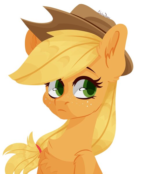 Size: 1707x2048 | Tagged: safe, artist:chibadeer, derpibooru import, applejack, earth pony, pony, bust, chest fluff, cowboy hat, cute, ear fluff, female, hat, jackabetes, mare, portrait, shoulder fluff, simple background, solo, white background