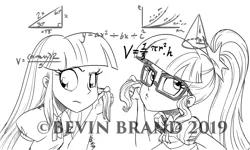 Size: 1280x768 | Tagged: safe, artist:bevin brand, deleted from derpibooru, derpibooru import, sci-twi, twilight sparkle, twilight sparkle (alicorn), alicorn, equestria girls, commission, comparison, equation, female, geometry, glasses, hair, math, monochrome, obtrusive watermark, official fan art, simple background, sketch, thinking, twolight, watermark, white background