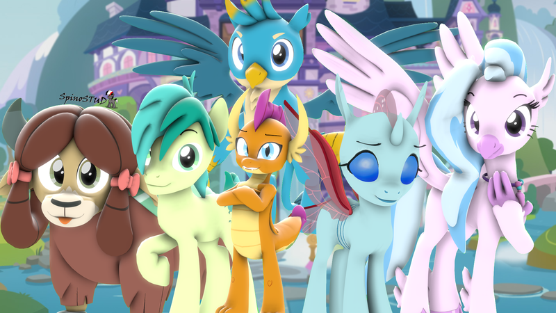 Size: 1920x1080 | Tagged: safe, artist:spinostud, derpibooru import, gallus, ocellus, sandbar, silverstream, smolder, yona, changeling, dragon, earth pony, gryphon, hippogriff, pony, yak, 3d, :p, looking at you, school of friendship, source filmmaker, student six, tongue out