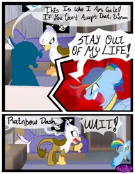 Size: 3500x4500 | Tagged: safe, artist:becauseimpink, derpibooru import, gilda, rainbow dash, gryphon, pegasus, pony, comic:transition, bed, cap, clothes, comic, dialogue, female, floppy ears, guilder, hat, mare, pillow, rule 63, transgender, yelling