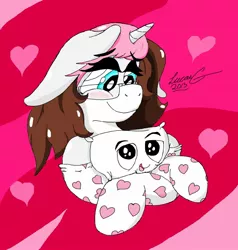 Size: 1946x2048 | Tagged: safe, artist:lucas_gaxiola, derpibooru import, oc, oc:usagi, unofficial characters only, pony, unicorn, abstract background, bust, clothes, female, glasses, heart, horn, hug, mare, pillow, pillow hug, signature, smiling, socks, unicorn oc