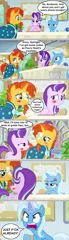Size: 478x1671 | Tagged: safe, artist:silverbuller, derpibooru import, edit, edited screencap, screencap, phyllis, starlight glimmer, sunburst, trixie, a horse shoe-in, angry, blushing, comic, cross-popping veins, female, frustrated, male, screencap comic, shipper on deck, shipping, starburst, straight, subtle as a train wreck