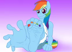 Size: 1024x740 | Tagged: suggestive, artist:inkicrow, derpibooru import, rainbow dash, anthro, barefoot, breasts, clothes, curled toes, feet, fetish, foot fetish, image, jpeg, nail polish, sitting, smiling, soles, spread toes, tanktop, toenail polish, toes, wiggling toes, wrinkles