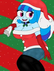 Size: 1932x2576 | Tagged: safe, artist:c_w, derpibooru import, sonata dusk, equestria girls, big breasts, boots, breasts, busty sonata dusk, christmas, clothes, costume, evening gloves, eyelashes, eyeshadow, gloves, hat, holiday, jewelry, long gloves, looking at you, makeup, pendant, santa costume, santa hat, shoes, snow, tights