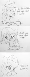 Size: 819x2048 | Tagged: safe, artist:tjpones, derpibooru import, applejack, fluttershy, earth pony, pegasus, pony, apple, applesauce, comic, cup, cute, descriptive noise, drinking, duo, food, jackabetes, monochrome, pencil drawing, silly, silly pony, teacup, teapot, that pony sure does love apples, traditional art, who's a silly pony