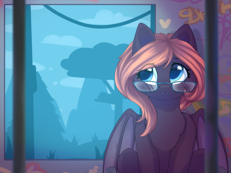 Size: 2732x2048 | Tagged: safe, artist:alphadesu, derpibooru import, oc, oc:silhouette lune, bat pony, bat pony oc, bat wings, blue eyes, fangs, glasses, grafiti, pink mane, purple coat, solo, train, wings