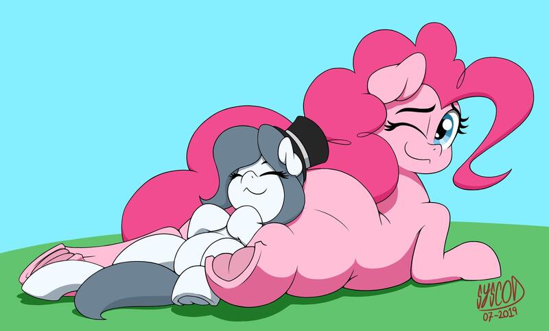 Size: 2150x1297 | Tagged: safe, artist:syscod, derpibooru import, pinkie pie, oc, oc:hattsy, earth pony, pony, balloonbutt, butt, butt pillow, dock, female, huge butt, large butt, looking at you, looking back, looking back at you, mare, one eye closed, plot, prone, smiling, the ass was fat, underhoof, wink