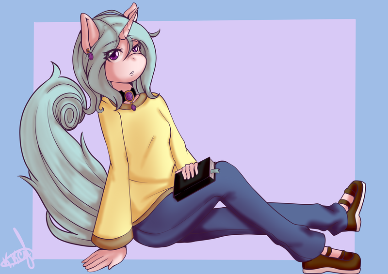 Size: 4092x2893 | Tagged: safe, artist:koizumisho, derpibooru import, oc, oc:bookshelf, unofficial characters only, anthro, plantigrade anthro, unicorn, anthro oc, blue hair, book, bookmark, choker, clothes, ear piercing, earring, female, horn, jeans, jewelry, mare, pants, piercing, pink skin, purple eyes, shirt, shoes, solo, unicorn oc