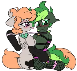 Size: 1255x1160 | Tagged: suggestive, artist:k-kopp, derpibooru import, oc, oc:ink drop, oc:jaded nights, bat pony, earth pony, arm behind back, blushing, bondage, bow, clothes, collar, dock, fishnets, garter belt, happy bondage, leash, lingerie, pet play, pet tag, piercing, simple background, smiling, tattoo, tongue out, transparent background