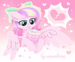 Size: 1202x1000 | Tagged: safe, artist:sonnatora, derpibooru import, oc, oc:iridescent flings, unofficial characters only, pegasus, pony, bow, commission, food, heart, ice cream, pegasus oc, simple background, solo, spoon, wings, ych result