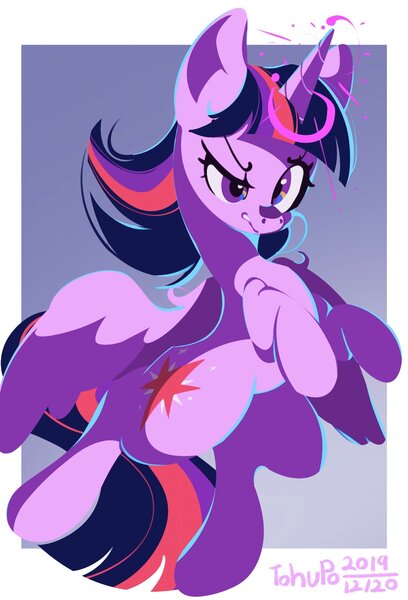 Size: 1393x2048 | Tagged: safe, artist:tohupo, derpibooru import, twilight sparkle, twilight sparkle (alicorn), alicorn, pony, abstract background, female, glowing horn, horn, magic, mare, solo