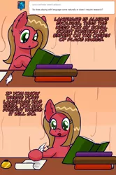 Size: 1061x1602 | Tagged: safe, artist:clouddg, derpibooru import, oc, oc:pun, earth pony, pony, ask pun, ask, book, female, mare, quill, solo