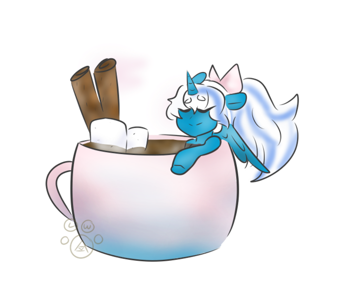 Size: 742x637 | Tagged: alicorn, alicorn oc, artist:linkedwolf, bow, cinnamon stick, cup, derpibooru import, eyes closed, female, food, hair bow, happy, horn, mare, marshmallow, oc, oc:fleurbelle, pony in a cup, relaxed, relaxed face, relaxing, safe, smiling, wings