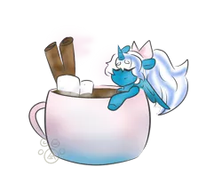 Size: 742x637 | Tagged: alicorn, alicorn oc, artist:linkedwolf, bow, cinnamon stick, cup, derpibooru import, eyes closed, female, food, hair bow, happy, horn, mare, marshmallow, oc, oc:fleurbelle, pony in a cup, relaxed, relaxed face, relaxing, safe, smiling, wings