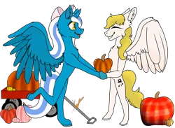 Size: 1046x764 | Tagged: alicorn, alicorn oc, anthro, artist:khaosdrawz, bow, derpibooru import, female, fleurden, hair bow, horn, mare, oc, oc:fleurbelle, oc:golden skies, pegasus, pegasus oc, pumpkin, safe, wagon, wings