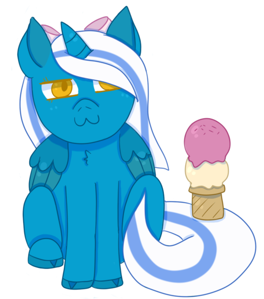 Size: 675x764 | Tagged: :3, alicorn, alicorn oc, artist:boba-deer, bow, chest fluff, derpibooru import, female, food, hair bow, horn, ice cream, mare, oc, oc:fleurbelle, safe, sitting like a cat, wings, yellow eyes