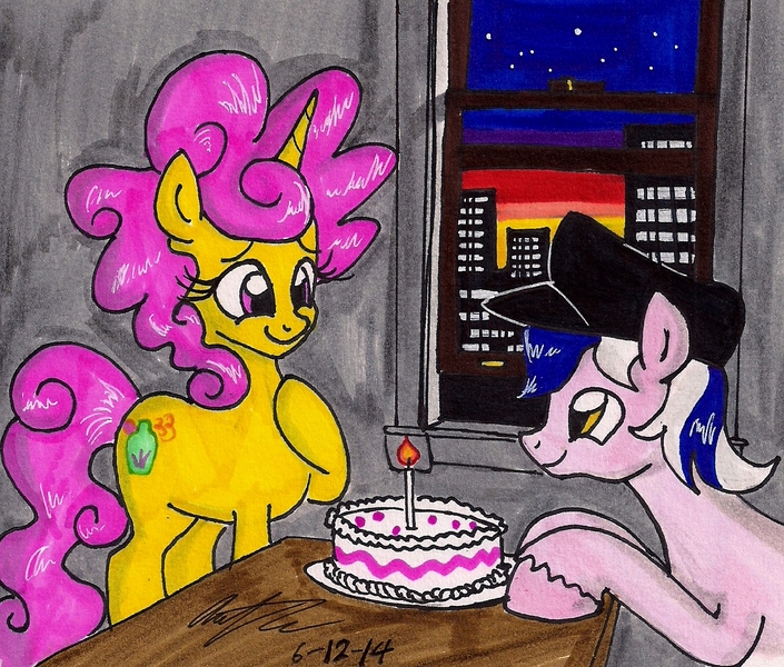 Size: 1165x991 | Tagged: safe, artist:newyorkx3, derpibooru import, oc, oc:karen, oc:mikey, unofficial characters only, earth pony, pony, unicorn, cake, candle, cap, city, female, food, hat, husband and wife, kakey, male, night, smiling, table, traditional art, window