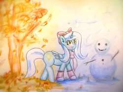 Size: 1920x1440 | Tagged: alicorn, alicorn oc, artist:stardust0130, bow, clothes, derpibooru import, female, hair bow, horn, leaf, leaves, leg warmers, mare, oc, oc:fleurbelle, safe, scarf, snow, snowman, solo, tree, unofficial characters only, wings