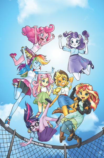 Size: 1186x1800 | Tagged: safe, artist:pencils, derpibooru import, idw, applejack, fluttershy, pinkie pie, rainbow dash, rarity, sci-twi, sunset shimmer, twilight sparkle, equestria girls, spoiler:comic, armpits, boots, clothes, cloud, comic cover, compression shorts, converse, cowboy hat, cute, denim skirt, dress, freckles, glasses, hat, high heels, humane five, humane seven, humane six, jumping, leather, leather boots, march radness, miniskirt, pleated skirt, ponytail, ribbon sandals, shoes, shorts, skirt, sky, sneakers, stetson, sun, tanktop, trampoline