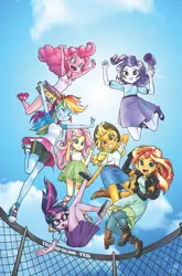 Size: 1186x1800 | Tagged: safe, artist:pencils, derpibooru import, idw, applejack, fluttershy, pinkie pie, rainbow dash, rarity, sci-twi, sunset shimmer, twilight sparkle, equestria girls, spoiler:comic, armpits, boots, clothes, cloud, comic cover, compression shorts, converse, cowboy hat, cute, denim skirt, dress, freckles, glasses, hat, high heels, humane five, humane seven, humane six, jumping, leather, leather boots, march radness, miniskirt, pleated skirt, ponytail, ribbon sandals, shoes, shorts, skirt, sky, sneakers, stetson, sun, tanktop, trampoline