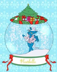 Size: 800x1000 | Tagged: safe, artist:pastichepanic, derpibooru import, oc, oc:fleurbelle, alicorn, anthro, alicorn oc, bells, bow, clothes, coat, female, hair bow, horn, mare, present, ribbon, snow globe, tree, walking, wings