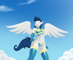 Size: 2550x2097 | Tagged: suggestive, artist:pony-butt-express, derpibooru import, high winds, anthro, pegasus, armpits, belly button, bikini, breasts, clothes, eyes closed, female, latex, latex socks, latex stockings, panties, panty pull, short shirt, sky, socks, solo, spread wings, swimsuit, thong, underwear, uniform, wings, wonderbolts uniform
