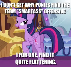 Size: 649x609 | Tagged: safe, derpibooru import, edit, edited screencap, screencap, twilight sparkle, twilight sparkle (alicorn), alicorn, pony, equestria girls, rainbow rocks, butt, caption, cropped, female, image macro, looking at you, looking back, looking back at you, mare, plot, rear view, smartass, text, vulgar