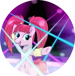 Size: 1835x1847 | Tagged: safe, artist:serenepony, deleted from derpibooru, derpibooru import, pacific glow, earth pony, pony, bipedal, club pony party palace, dance floor, dancing, female, fog, glowstick, laser, leg warmers, mare, pacifier, pigtails, simple background, solo, traditional art, transparent background