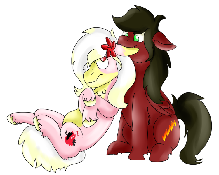 Size: 2000x1600 | Tagged: safe, artist:euspuche, derpibooru import, oc, oc:carmen garcía, oc:cloud rider, unofficial characters only, earth pony, pegasus, pony, 2020 community collab, derpibooru community collaboration, biting, caroud, duo, ear bite, female, flower, flower in hair, looking at each other, male, shipping, simple background, size difference, straight, transparent background