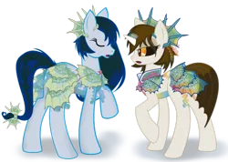 Size: 1024x729 | Tagged: artist:zahpkiel, clothes, derpibooru import, kelpie, merpony, oc, oc:mercury rain, oc:rainbow fins, safe, simple background, transparent background, unofficial characters only