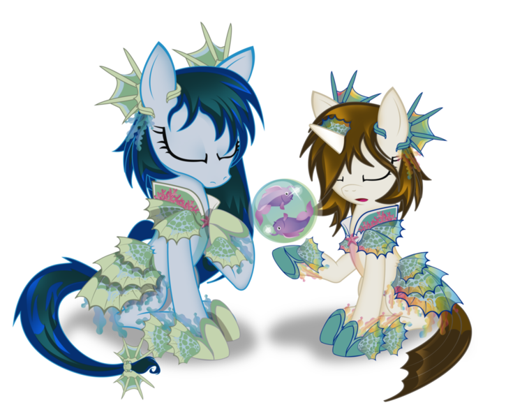 Size: 1024x847 | Tagged: artist:zahpkiel, clothes, derpibooru import, kelpie, merpony, oc, oc:mercury rain, oc:rainbow fins, safe, simple background, transparent background, unofficial characters only