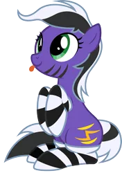 Size: 1585x2256 | Tagged: safe, artist:lightning stripe, derpibooru import, oc, oc:lightning stripe, earth pony, pony, 2020 community collab, derpibooru community collaboration, :p, black and white mane, clothes, cross-eyed, cute, cutie mark, eyelashes, female, green eyes, makeup, mare, ocbetes, purple coat, show accurate, silly, simple background, sitting, sitting up, socks, solo, striped socks, stripes, tongue out, transparent background, two toned mane, two toned tail, vector
