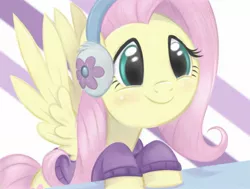 Size: 1920x1453 | Tagged: safe, artist:flutterstormreturns, derpibooru import, fluttershy, pegasus, pony, best gift ever, abstract background, bottomless, bust, clothes, earmuffs, female, mare, partial nudity, scene interpretation, smiling, solo, spread wings, sweater, sweatershy, three quarter view, wings, winter outfit