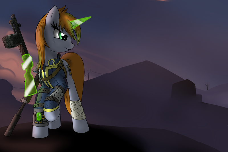 Size: 3000x2000 | Tagged: safe, artist:vinaramic, derpibooru import, oc, oc:littlepip, unofficial characters only, pony, unicorn, fallout equestria, fanfic, bandage, clothes, fanfic art, female, glowing horn, gun, hooves, horn, levitation, magic, mare, optical sight, pipbuck, rifle, scope, shotgun, sniper rifle, solo, telekinesis, vault suit, wasteland, weapon