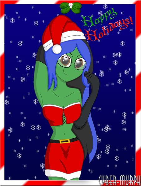 Size: 1156x1527 | Tagged: safe, artist:cyber-murph, derpibooru import, oc, oc:lightning voice, equestria girls, arm behind head, armpits, belly, belly button, belt, breasts, caption, christmas, cleavage, clothes, costume, glasses, gloves, happy holidays, hat, holiday, midriff, miniskirt, mistletoe, santa costume, santa hat, skirt, tube top