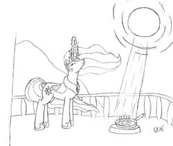 Size: 700x591 | Tagged: safe, artist:quint-t-w, derpibooru import, princess celestia, alicorn, pony, abuse of power, balcony, cooking, egg, frying pan, mundane utility, old art, pencil drawing, sketch, solo, sun, traditional art