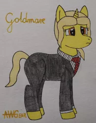 Size: 2692x3456 | Tagged: safe, artist:awgear, derpibooru import, oc, oc:goldmare, unofficial characters only, unicorn, blonde mane, blonde tail, clothes, female, necktie, sad, solo, suit, traditional art