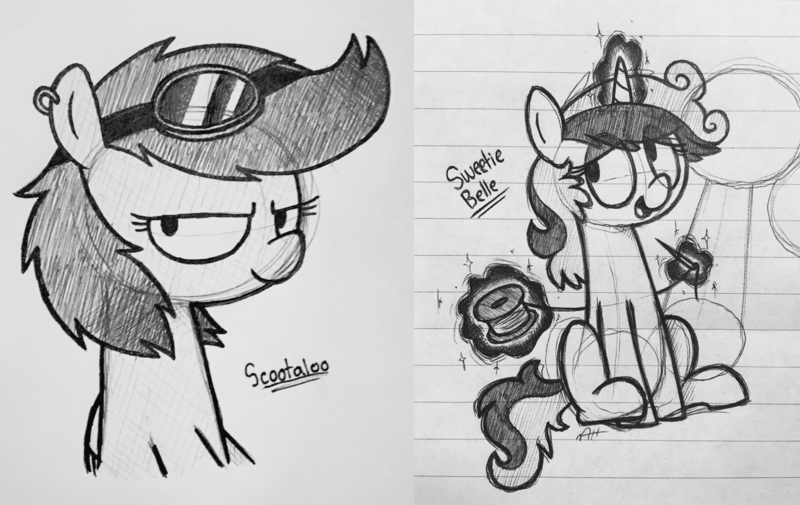 Size: 3242x2046 | Tagged: safe, artist:modocrisma, derpibooru import, scootaloo, sweetie belle, pegasus, pony, unicorn, alternate design, alternate universe, au:lbau, aura, doodle, ear piercing, eyeshadow, female, goggles, horn, levitation, lined paper, looking at you, magic, makeup, monochrome, needle, paper, pen drawing, photo, piercing, sitting, sketch, solo, spool, teenager, telekinesis, thread, traditional art, watermark, wings