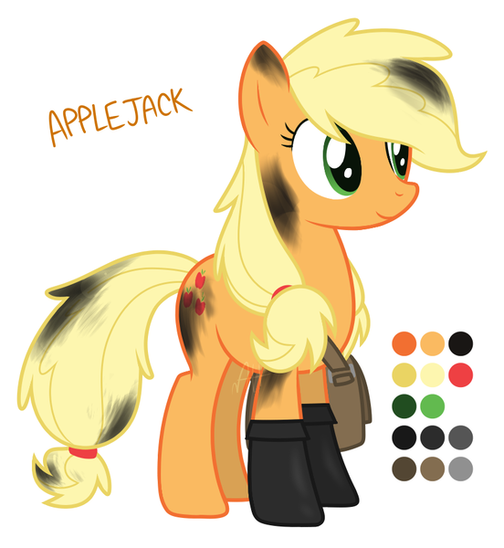 Size: 821x893 | Tagged: safe, artist:modocrisma, derpibooru import, applejack, earth pony, pony, alternate design, alternate universe, au:lbau, boots, clothes, color palette, female, hair tie, mare, oil, reference sheet, satchel, shoes, show accurate, simple background, solo, stains, watermark, white background