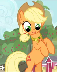 Size: 744x940 | Tagged: safe, derpibooru import, screencap, applejack, earth pony, pony, magical mystery cure, bipedal, cropped, cute, element of honesty, female, jackabetes, looking down, mare, open mouth, raised hoof, smiling, solo