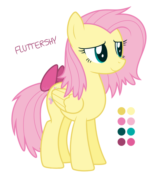 Size: 780x873 | Tagged: safe, artist:modocrisma, derpibooru import, fluttershy, pegasus, pony, alternate design, alternate hairstyle, alternate universe, au:lbau, bow, color palette, female, mare, reference sheet, short hair, show accurate, simple background, solo, tail bow, watermark, white background