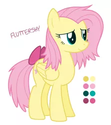 Size: 780x873 | Tagged: safe, artist:modocrisma, derpibooru import, fluttershy, pegasus, pony, alternate design, alternate hairstyle, alternate universe, au:lbau, bow, color palette, female, mare, reference sheet, short hair, show accurate, simple background, solo, tail bow, watermark, white background